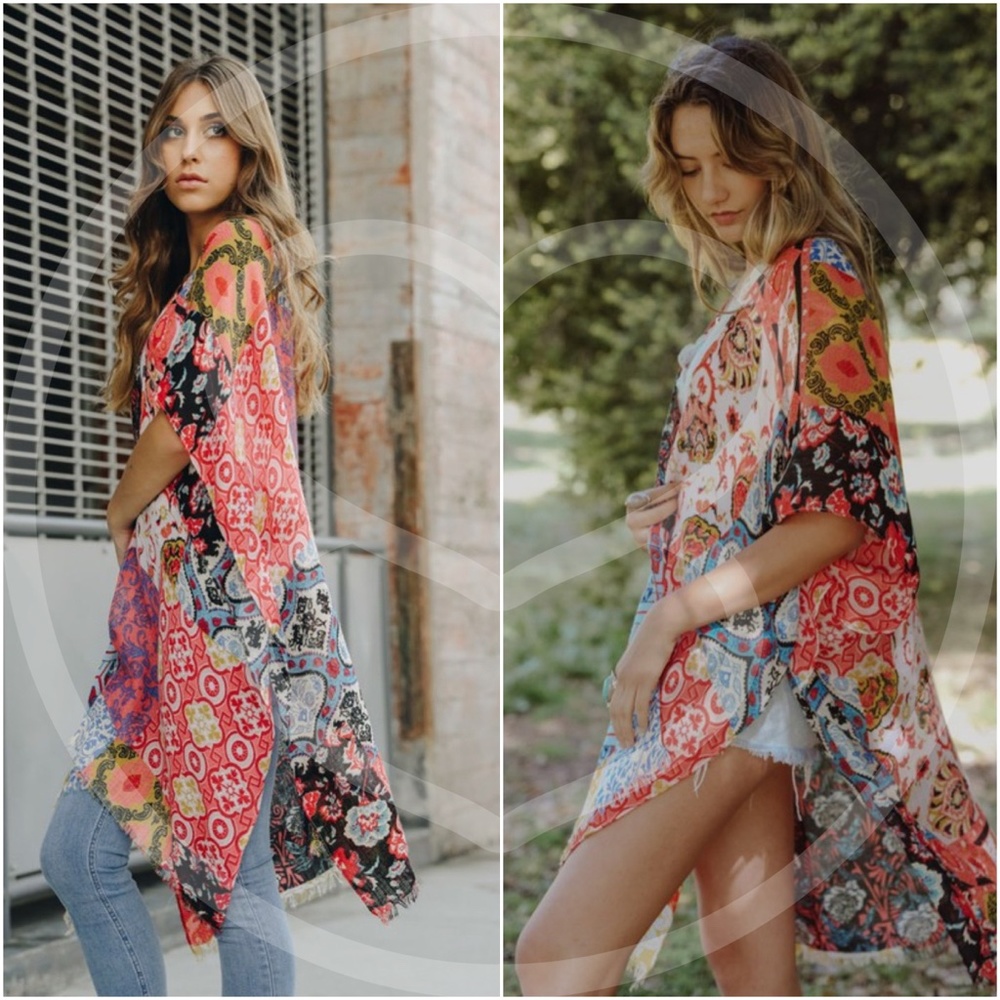 Boho Colorful Floral Patchwork Open Front Cover up Kimono - Picture 3 of 8